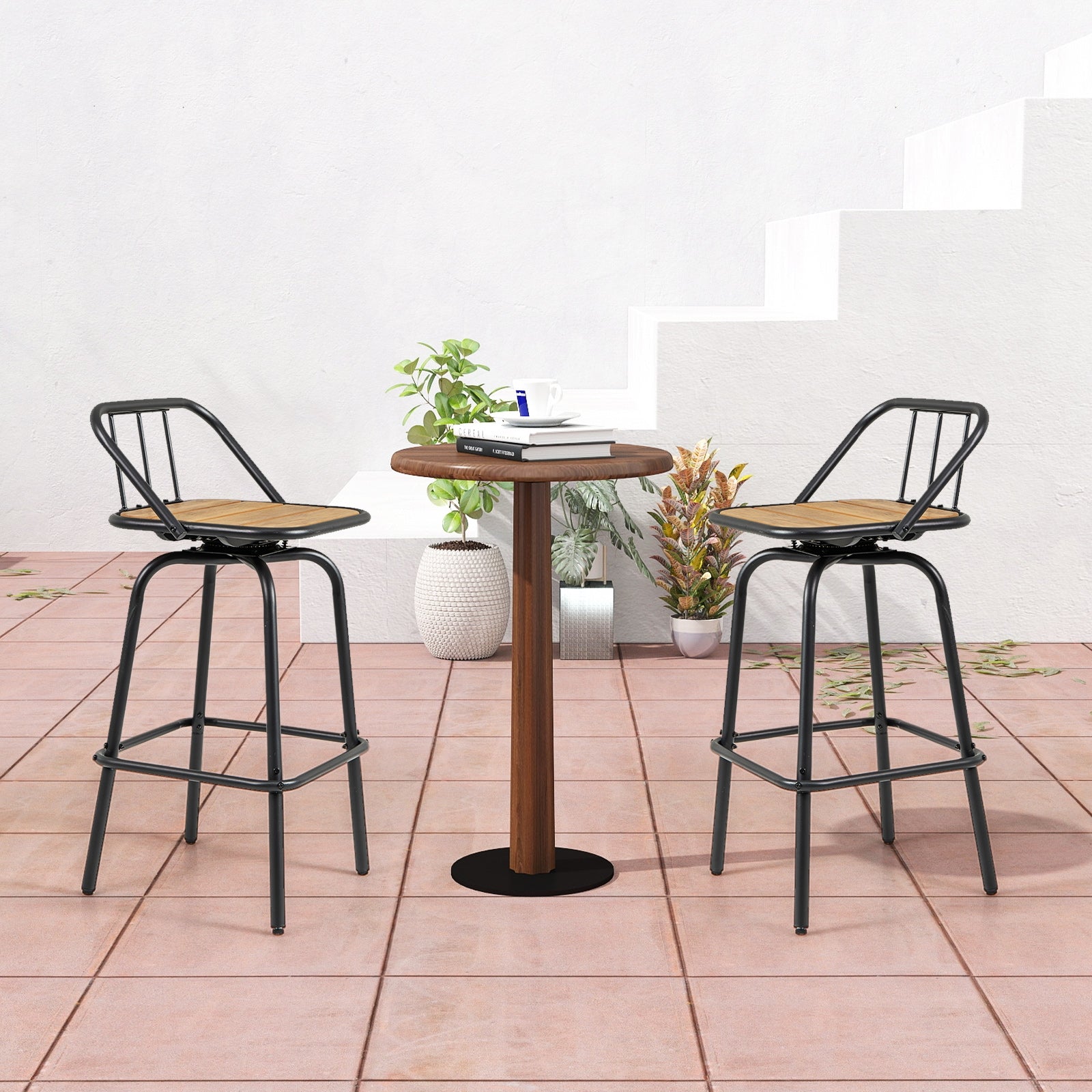 360° Swivel Bar Stool Set Of 2, Footrest, Backrest, Natural, Black Bar Stools at Gallery Canada