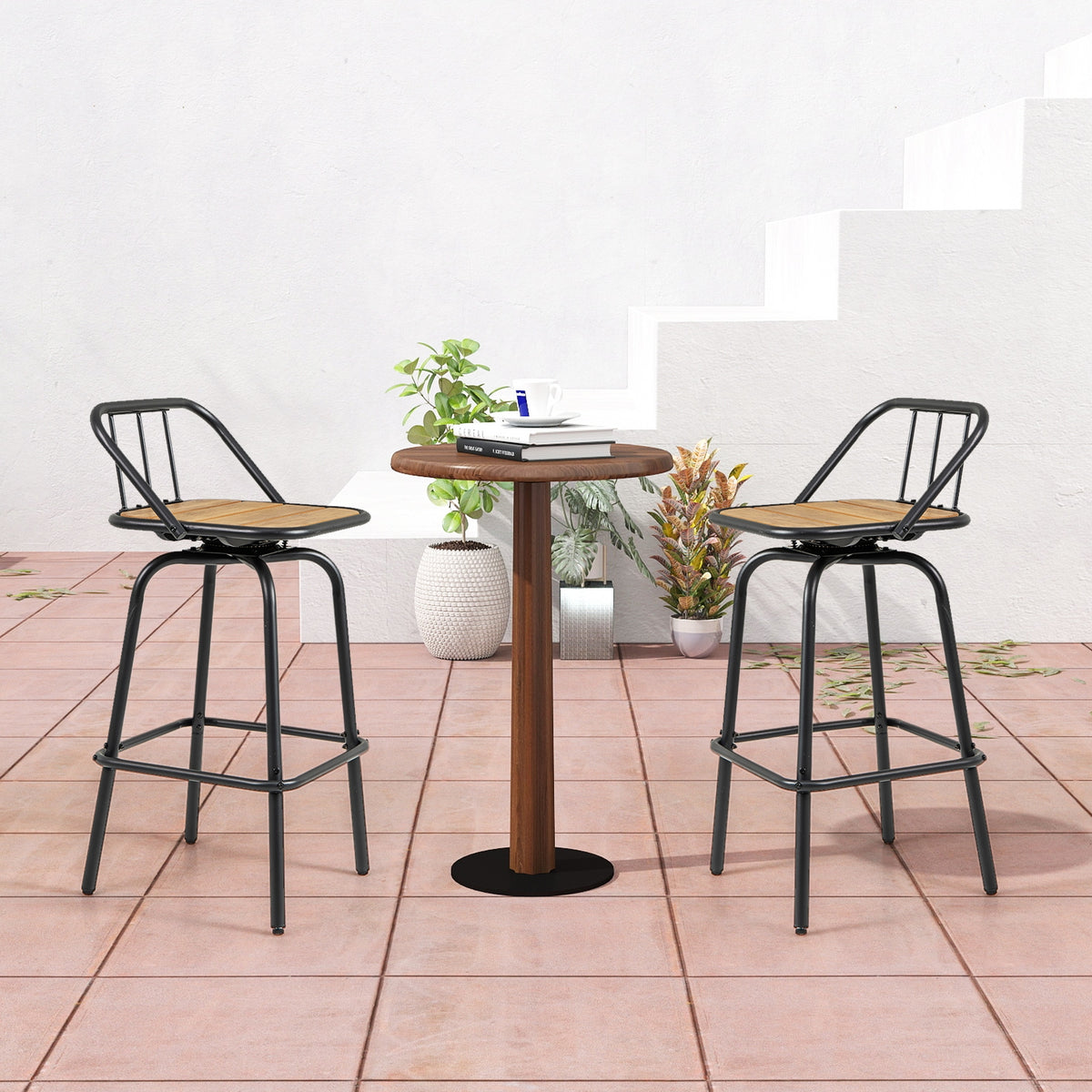 360° Swivel Bar Stool Set Of 2, Footrest, Backrest, Natural, Black Bar Stools at Gallery Canada