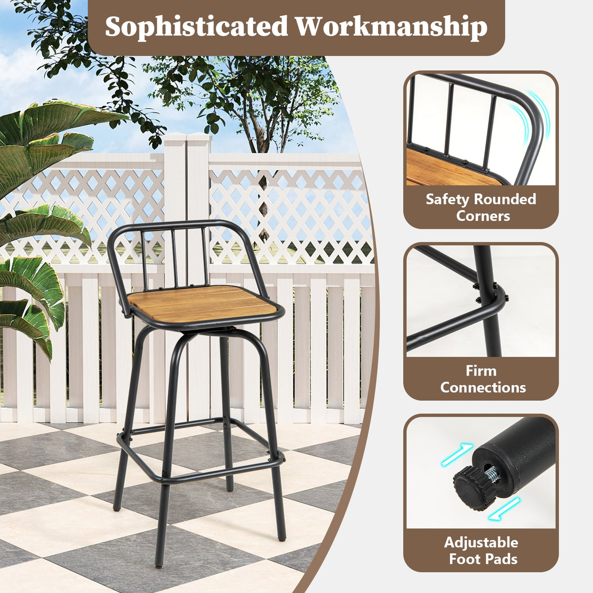 360° Swivel Bar Stool Set Of 2, Footrest, Backrest, Natural, Black Bar Stools at Gallery Canada