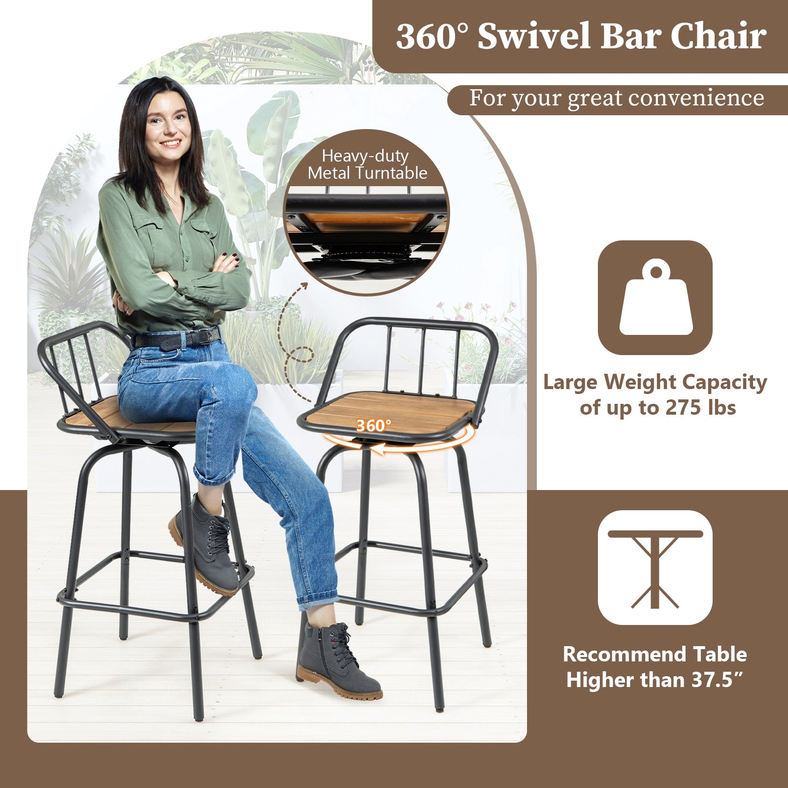360° Swivel Bar Stool Set Of 2, Footrest, Backrest, Natural, Black Bar Stools at Gallery Canada