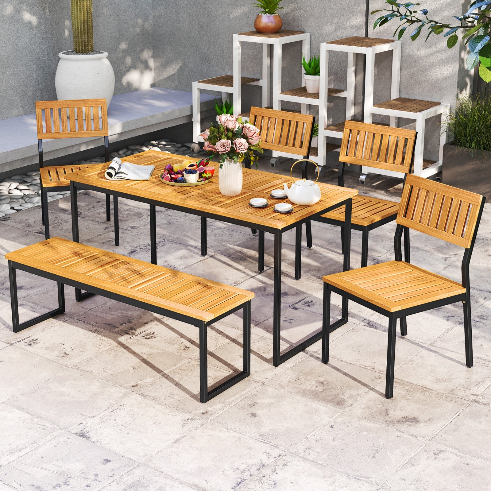 6 Piece Acacia Wood Dining Set, 2 In Umbrella Hole, Natural Black Patio Dining Sets at Gallery Canada