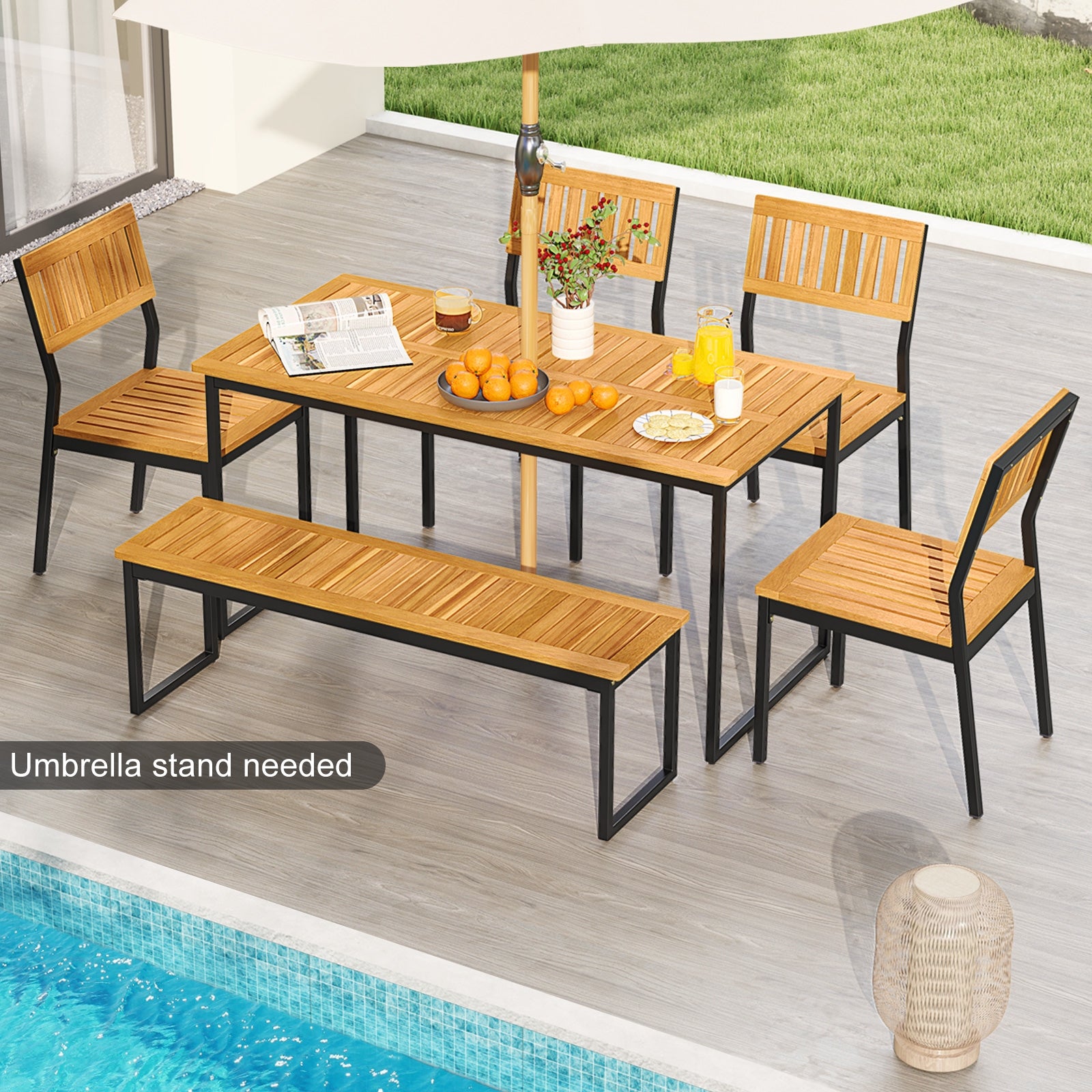 6 Piece Acacia Wood Dining Set, 2 In Umbrella Hole, Natural Black Patio Dining Sets at Gallery Canada