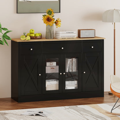 55" Kitchen Storage Cabinet, 3 Drawers, 2 Glass Doors, Adjustable Shelves, Black Sideboards Cabinets & Buffets at Gallery Canada
