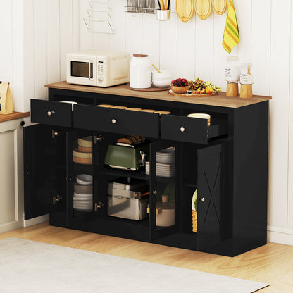 55" Kitchen Storage Cabinet, 3 Drawers, 2 Glass Doors, Adjustable Shelves, Black Sideboards Cabinets & Buffets at Gallery Canada