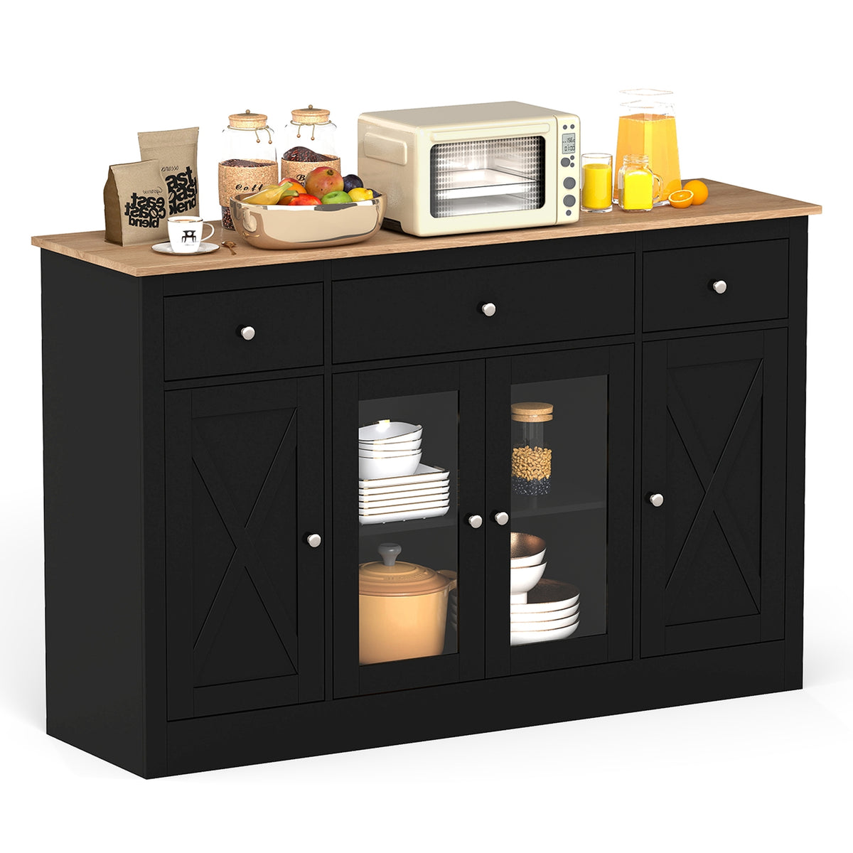 55" Kitchen Storage Cabinet, 3 Drawers, 2 Glass Doors, Adjustable Shelves, Black Sideboards Cabinets & Buffets Black at Gallery Canada
