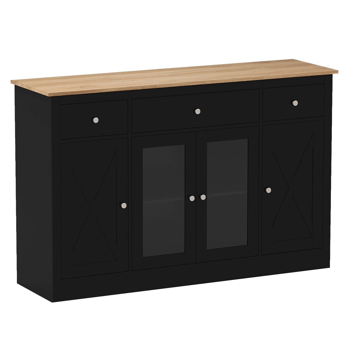 55" Kitchen Storage Cabinet, 3 Drawers, 2 Glass Doors, Adjustable Shelves, Black Sideboards Cabinets & Buffets at Gallery Canada