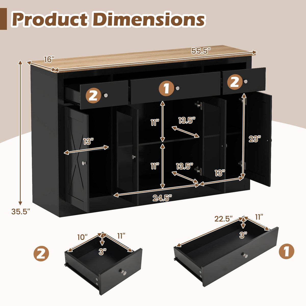 55" Kitchen Storage Cabinet, 3 Drawers, 2 Glass Doors, Adjustable Shelves, Black Sideboards Cabinets & Buffets at Gallery Canada