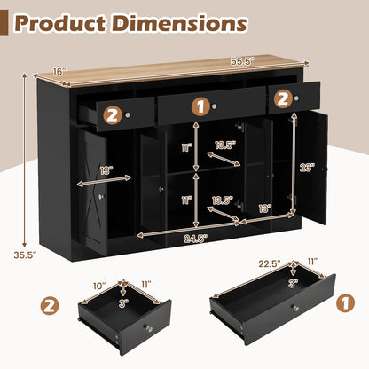 55" Kitchen Storage Cabinet, 3 Drawers, 2 Glass Doors, Adjustable Shelves, Black Sideboards Cabinets & Buffets at Gallery Canada