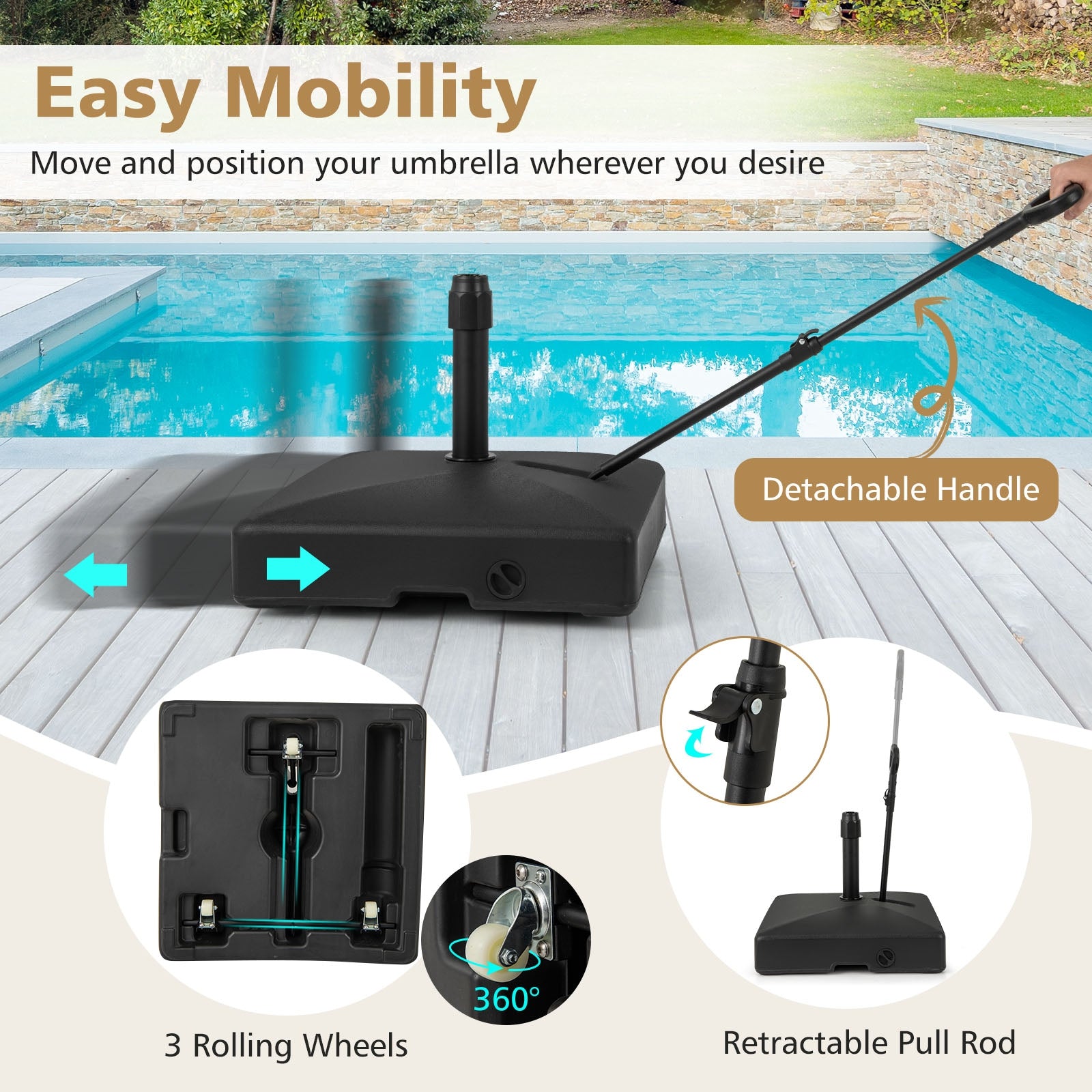 Mobile Patio Umbrella Base, 3 Wheels, Water Sand Fillable, Black Outdoor Umbrella Bases at Gallery Canada