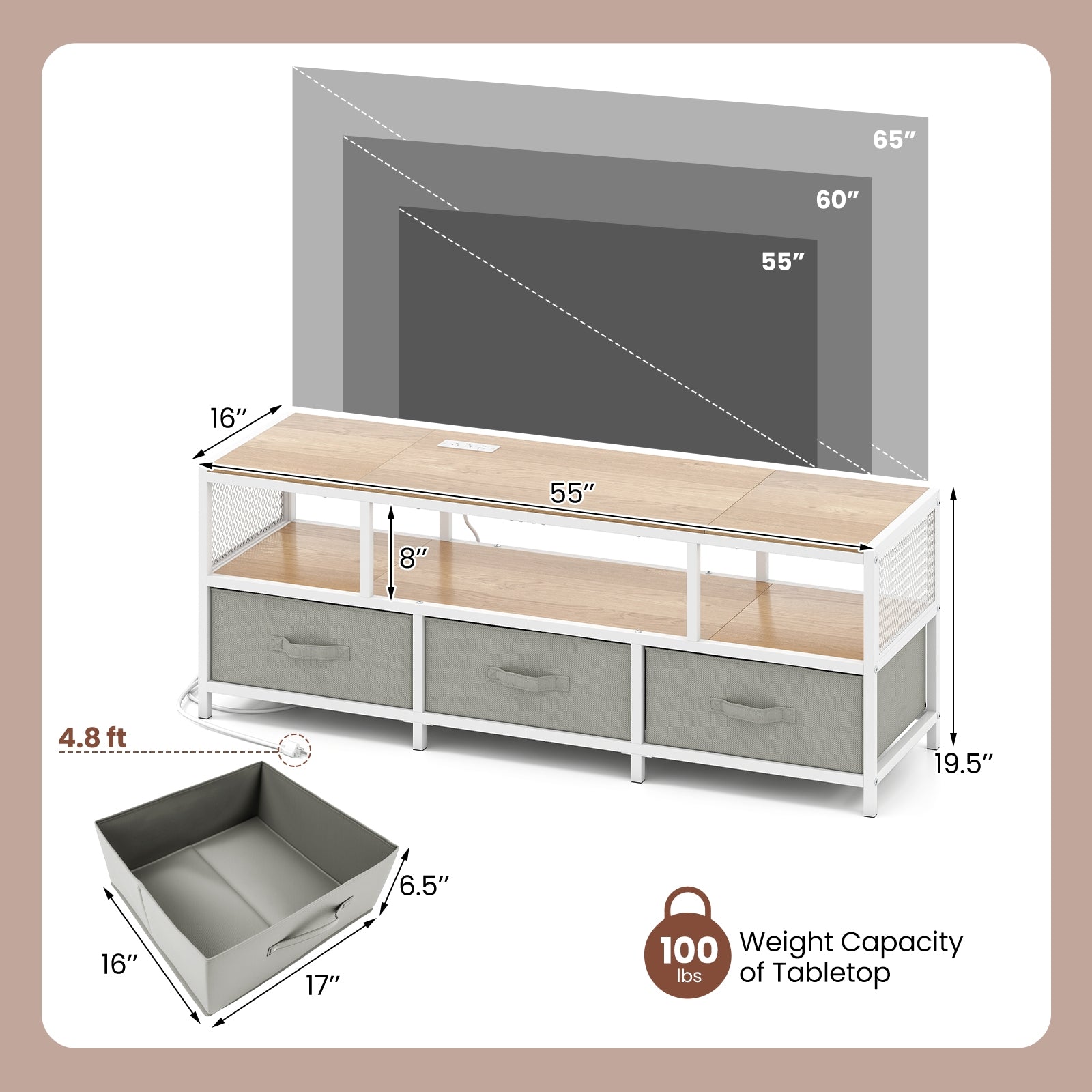 TV Stand For 65 Inches, Power Outlets USB Charging, Natural Entertainment Centers & TV Stands at Gallery Canada