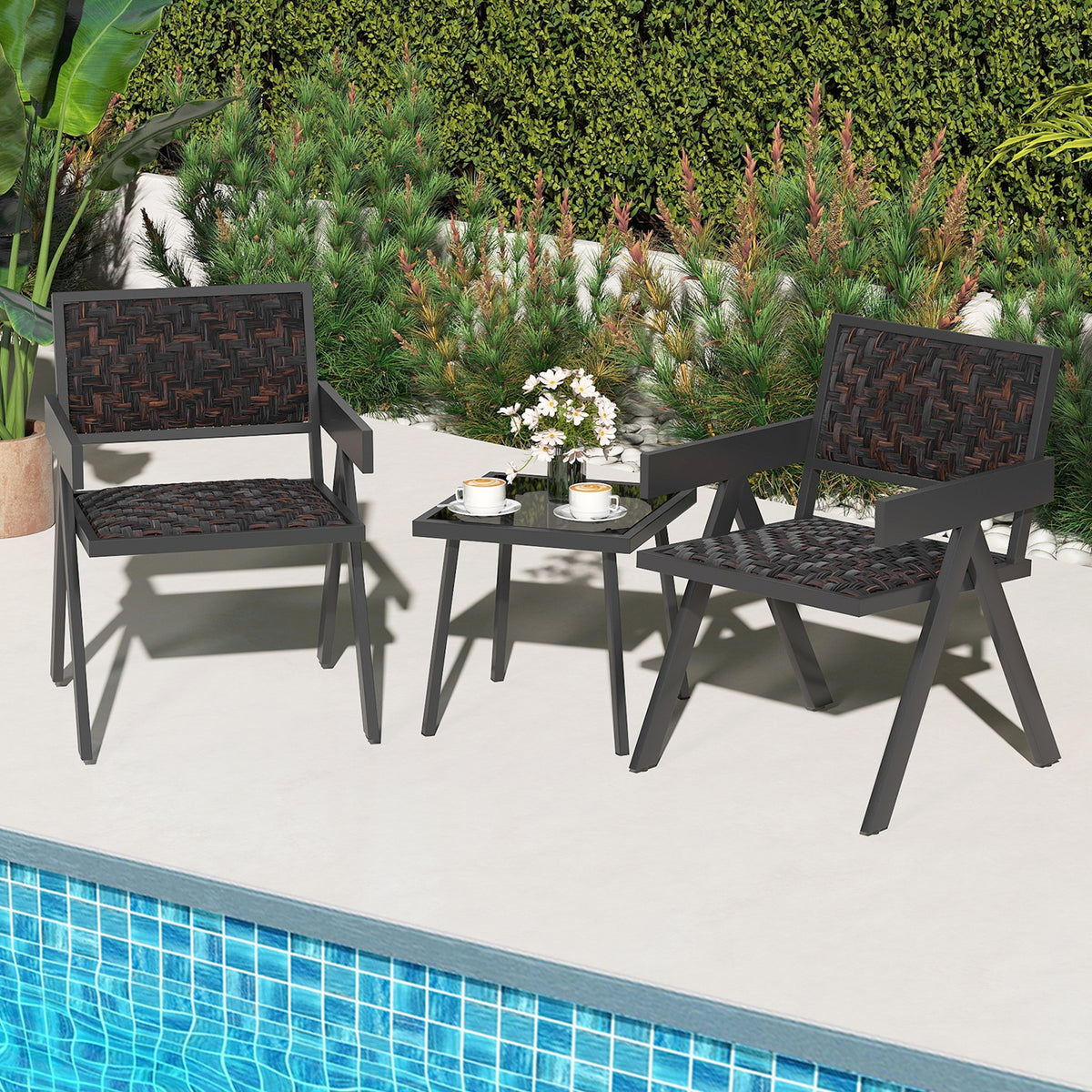 3 Piece Patio PE Wicker Bistro Set, Quick-Dry Foam, Black Patio Conversation Sets at Gallery Canada