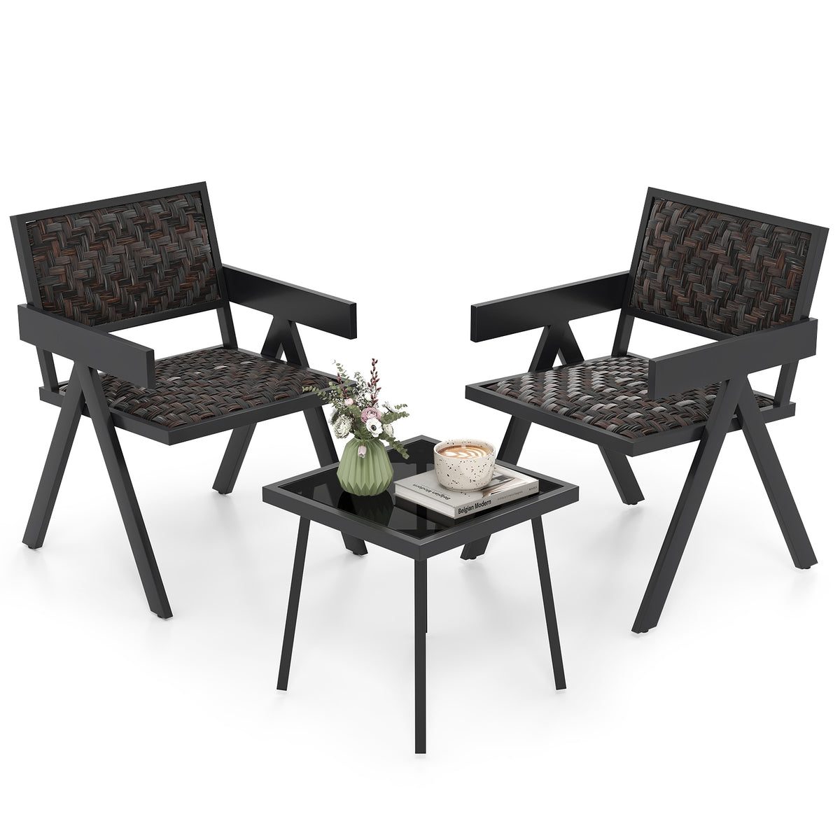 3 Piece Patio PE Wicker Bistro Set, Quick-Dry Foam, Black Patio Conversation Sets at Gallery Canada