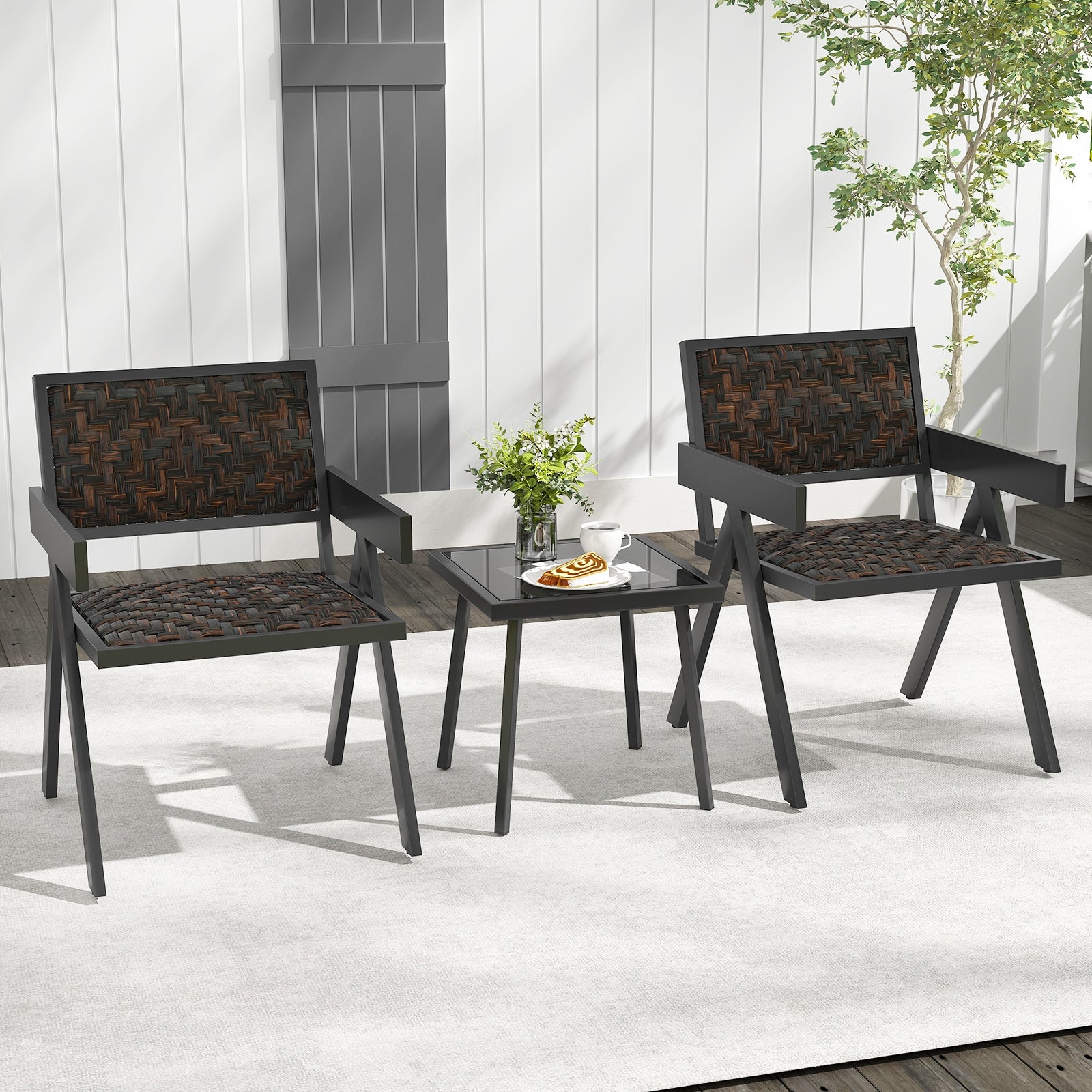 3 Piece Patio PE Wicker Bistro Set, Quick-Dry Foam, Black Patio Conversation Sets at Gallery Canada