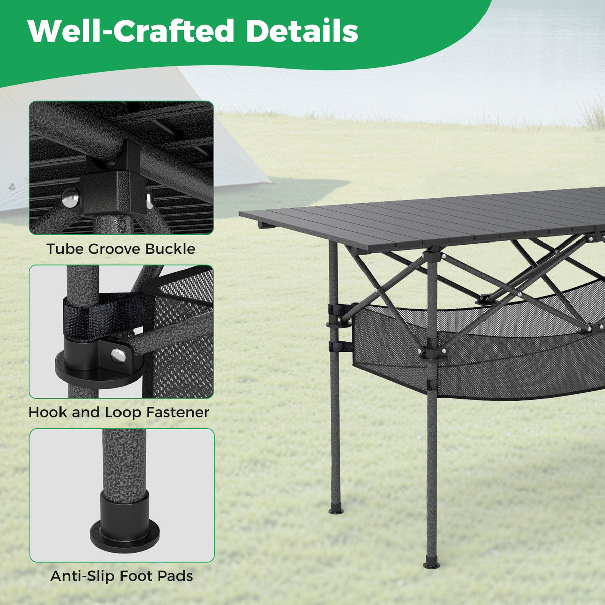 Folding Camping Table, Roll-up Tabletop, Mesh Basket, Black Camping Furniture at Gallery Canada