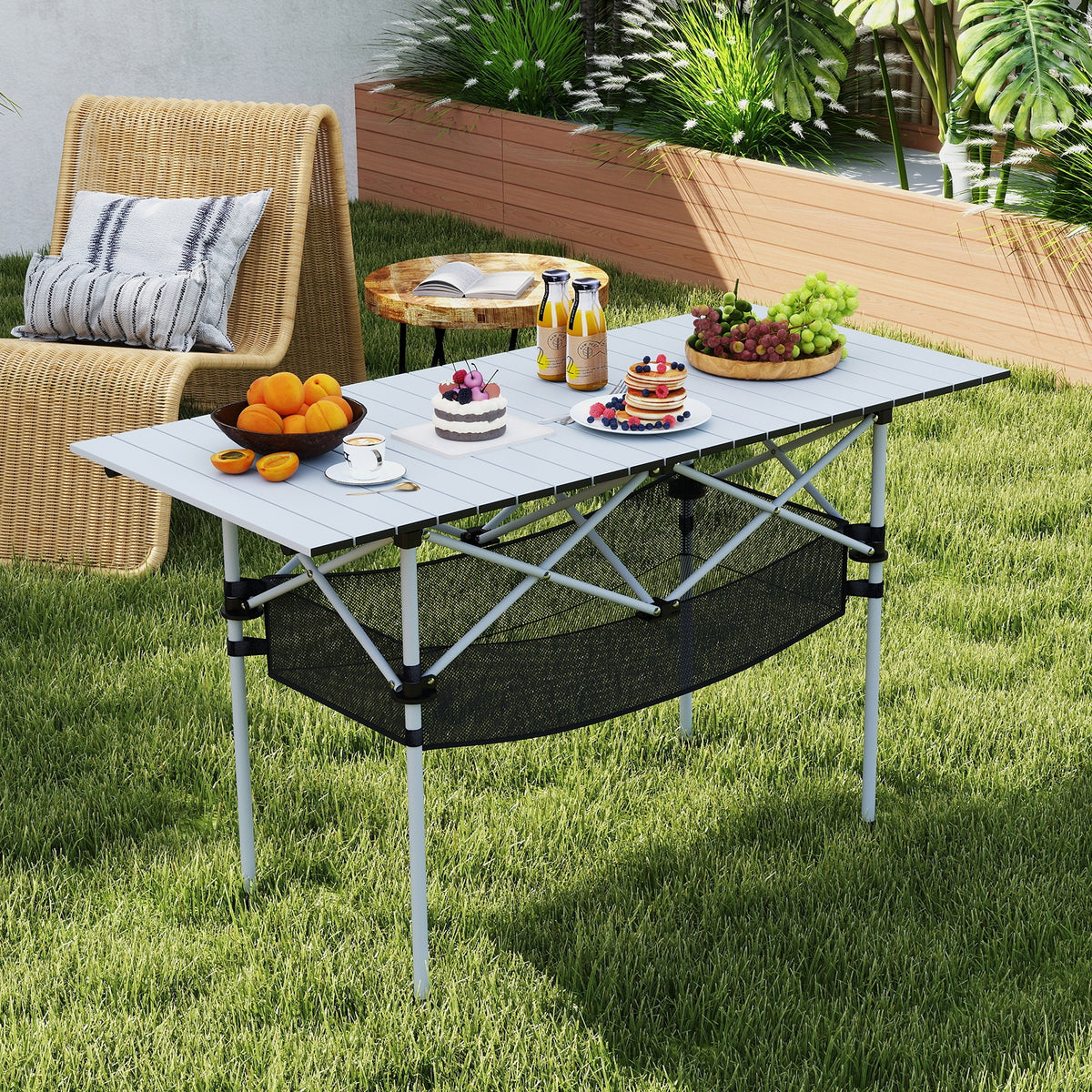 Folding Camping Table With Roll-Up Tabletop, Mesh Basket, Silver Camping Furniture at Gallery Canada