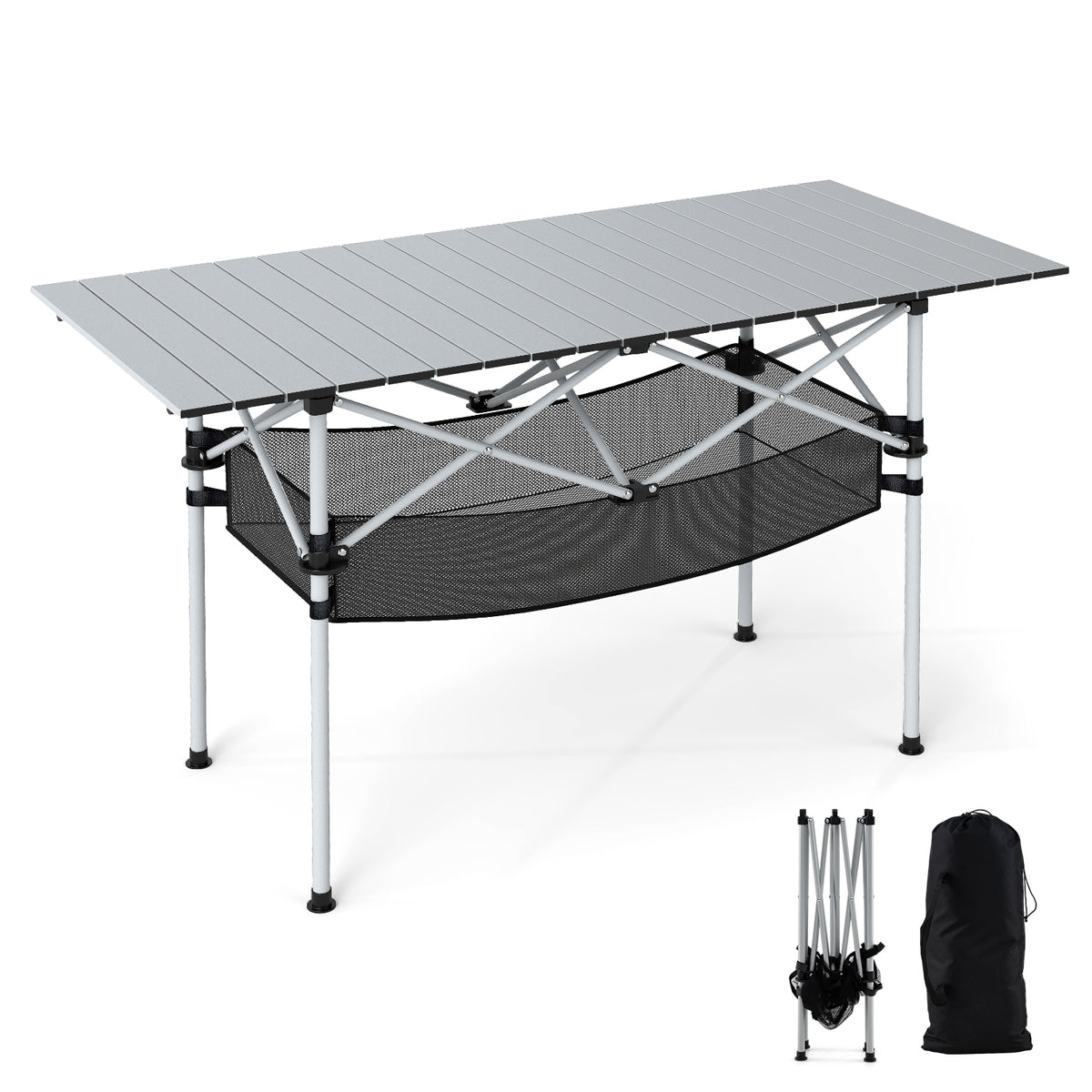 Folding Camping Table With Roll-Up Tabletop, Mesh Basket, Silver Camping Furniture Silver at Gallery Canada