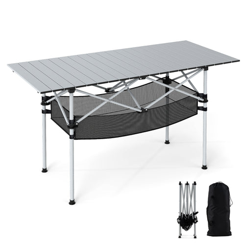 Folding Camping Table With Roll-Up Tabletop, Mesh Basket, Silver