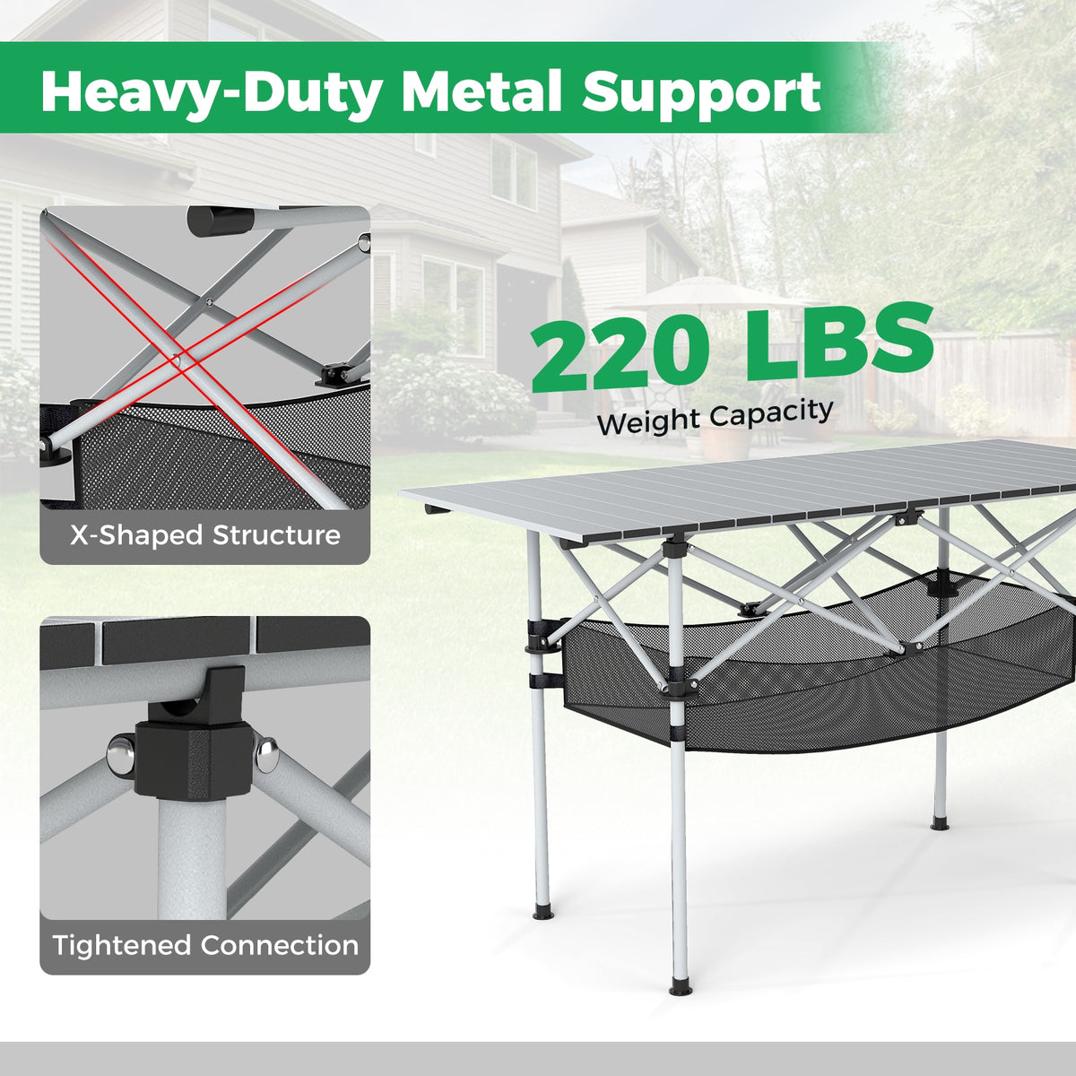 Folding Camping Table With Roll-Up Tabletop, Mesh Basket, Silver Camping Furniture at Gallery Canada
