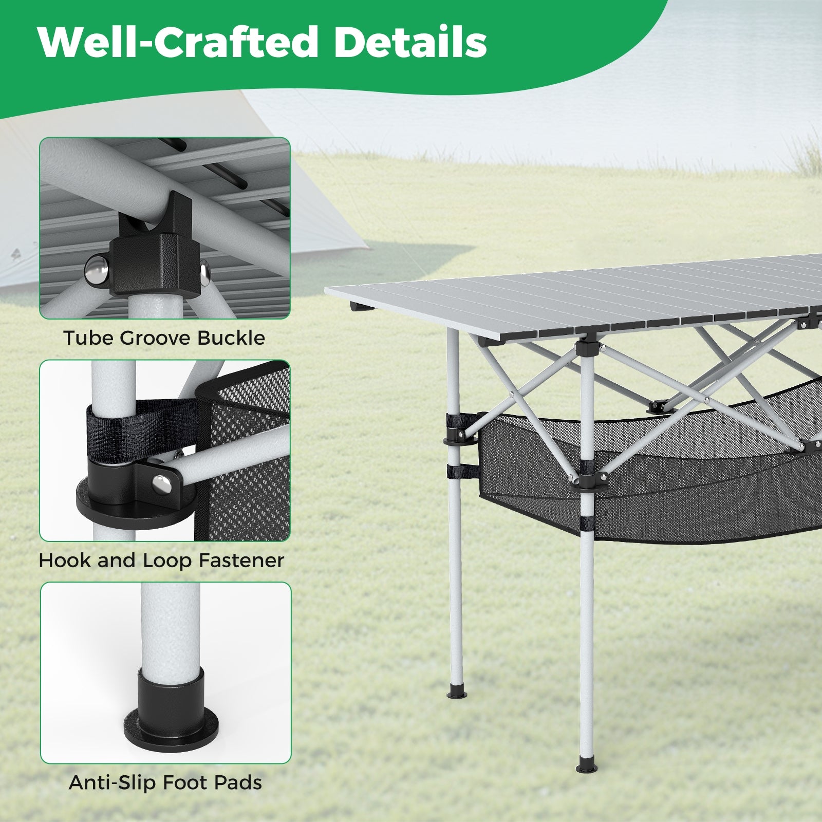 Folding Camping Table With Roll-Up Tabletop, Mesh Basket, Silver Camping Furniture at Gallery Canada
