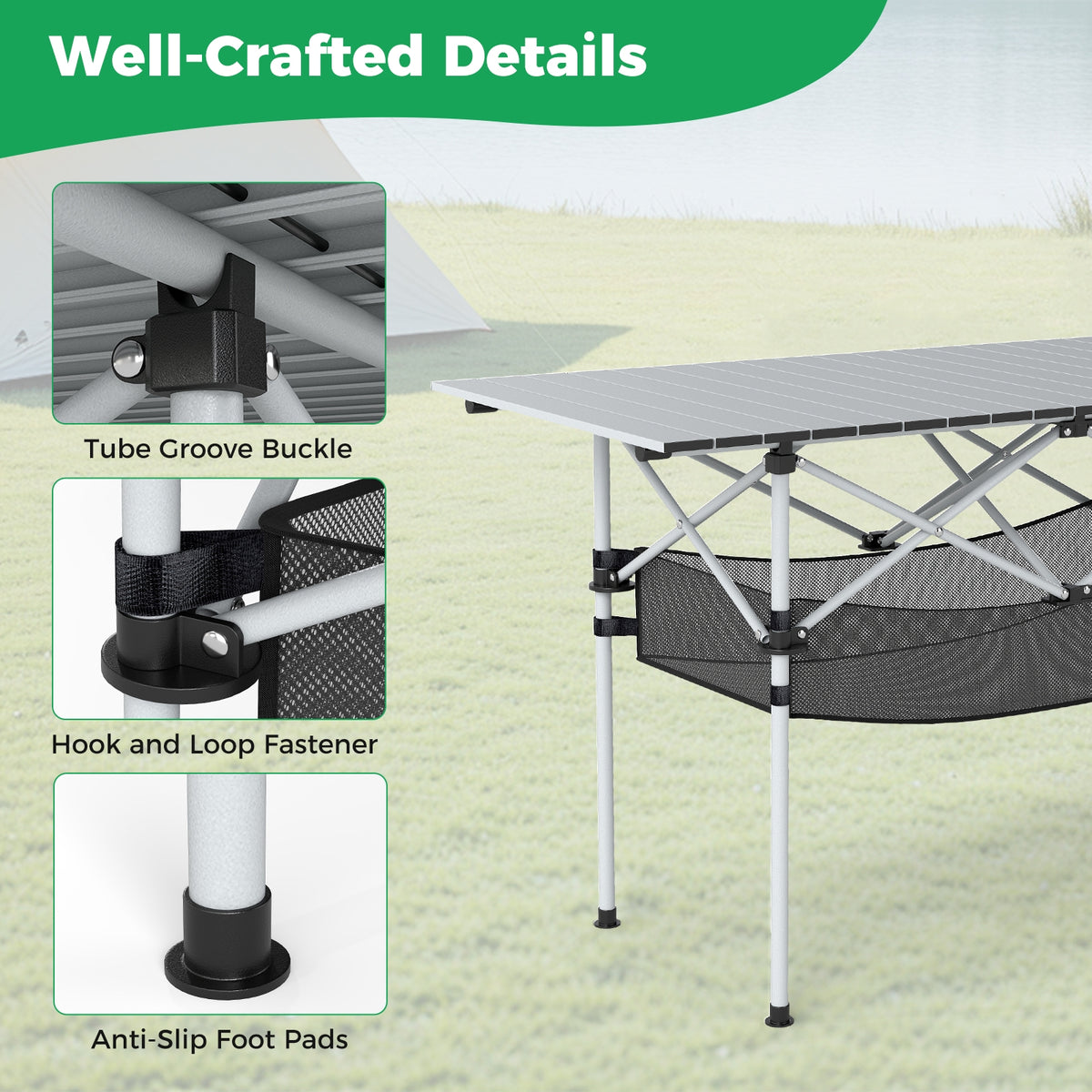 Folding Camping Table With Roll-Up Tabletop, Mesh Basket, Silver Camping Furniture at Gallery Canada