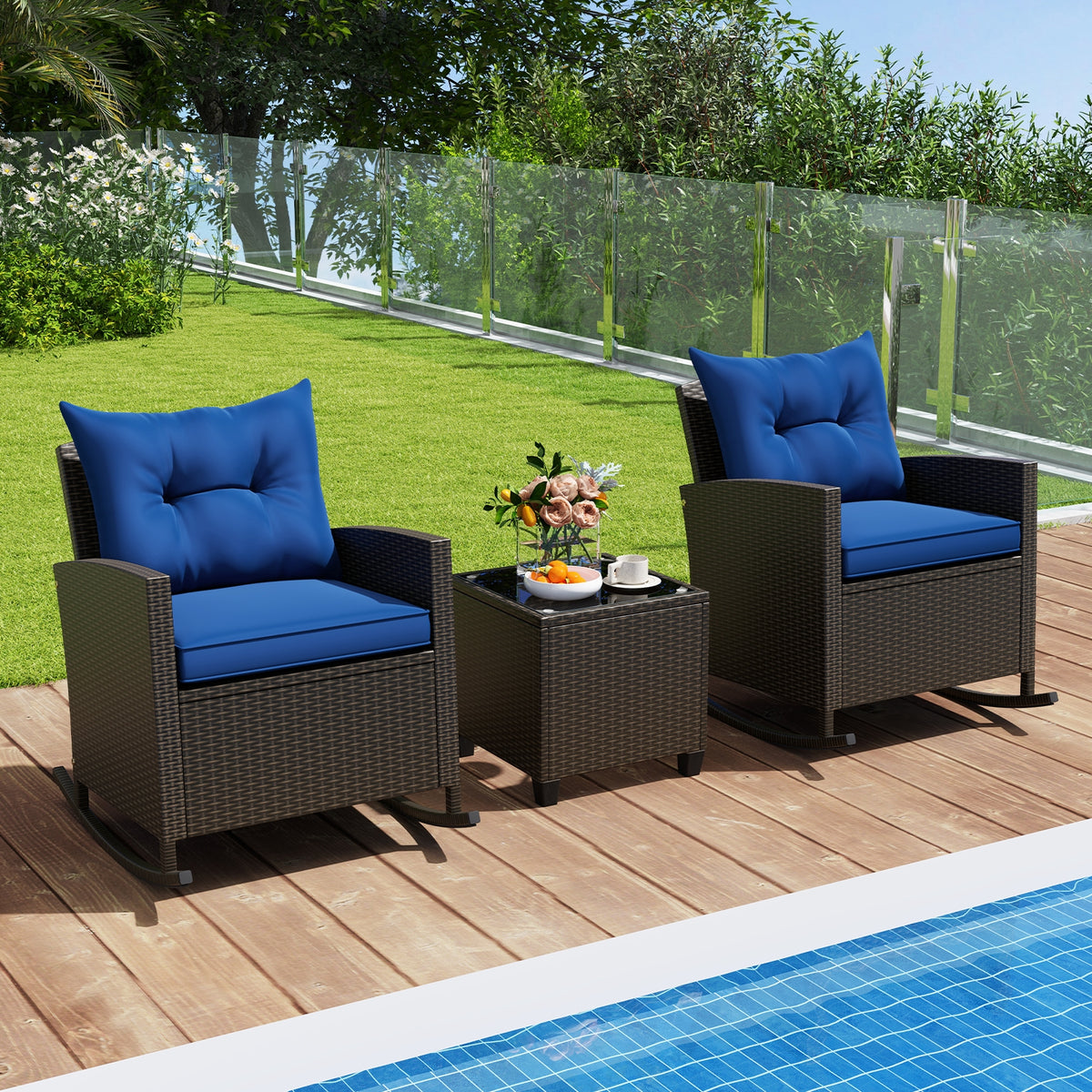 3-Piece Patio Rattan Rocker Chairs, Tempered Glass Table, Navy Patio Conversation Sets at Gallery Canada