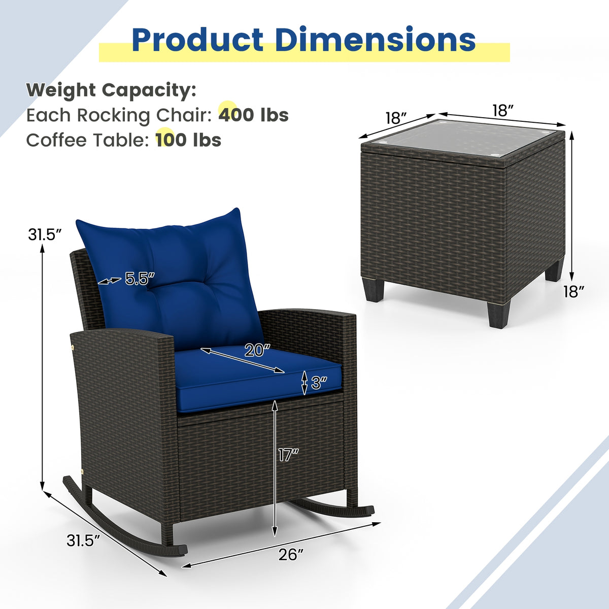 3-Piece Patio Rattan Rocker Chairs, Tempered Glass Table, Navy Patio Conversation Sets at Gallery Canada