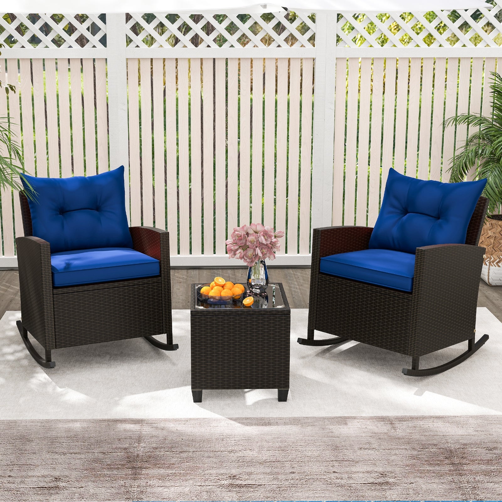 3-Piece Patio Rattan Rocker Chairs, Tempered Glass Table, Navy Patio Conversation Sets at Gallery Canada