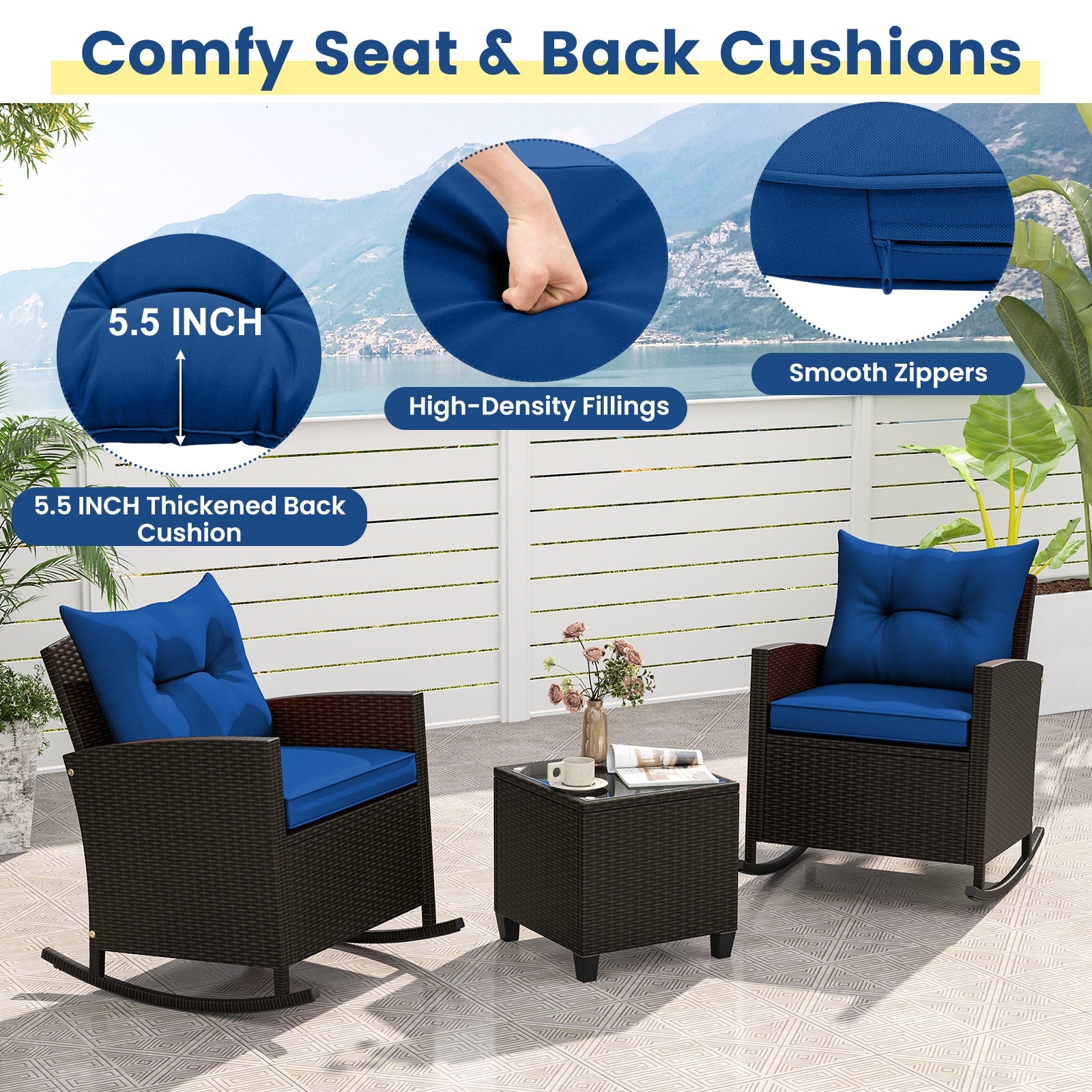 3-Piece Patio Rattan Rocker Chairs, Tempered Glass Table, Navy Patio Conversation Sets at Gallery Canada