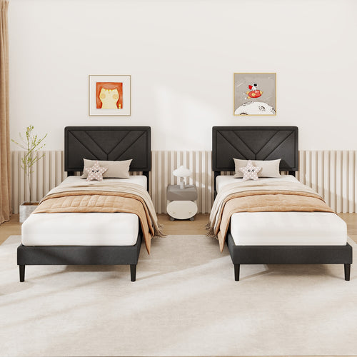 Upholstered Platform Bed With Tufted Headboard, Wooden Slats, Twin Size, Gray