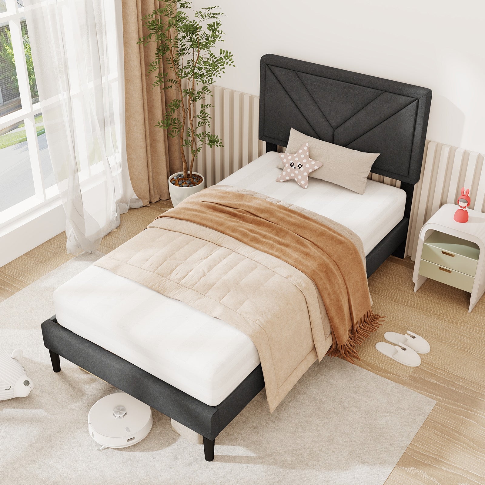 Upholstered Platform Bed With Tufted Headboard, Wooden Slats, Twin Size, Gray Simple Bed Frame at Gallery Canada