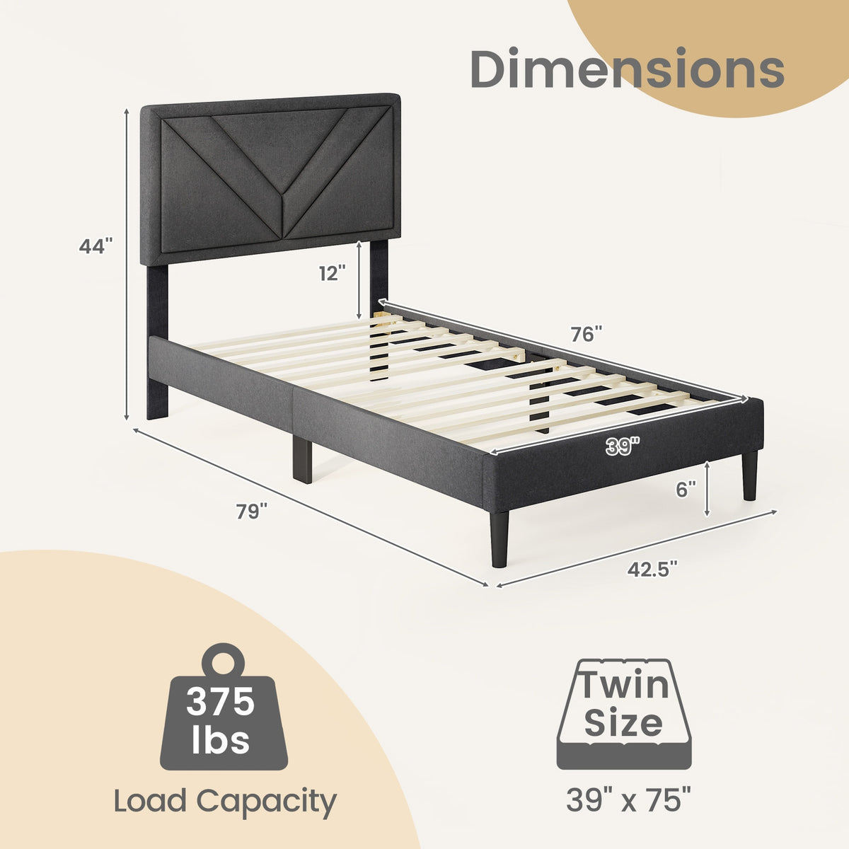 Upholstered Platform Bed With Tufted Headboard, Wooden Slats, Twin Size, Gray Simple Bed Frame at Gallery Canada
