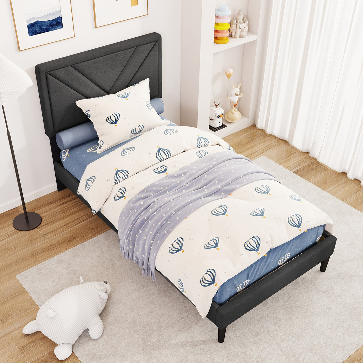 Upholstered Platform Bed With Tufted Headboard, Wooden Slats, Twin Size, Gray Simple Bed Frame at Gallery Canada
