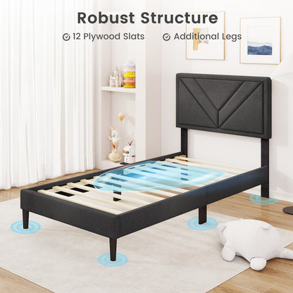 Upholstered Platform Bed With Tufted Headboard, Wooden Slats, Twin Size, Gray Simple Bed Frame at Gallery Canada