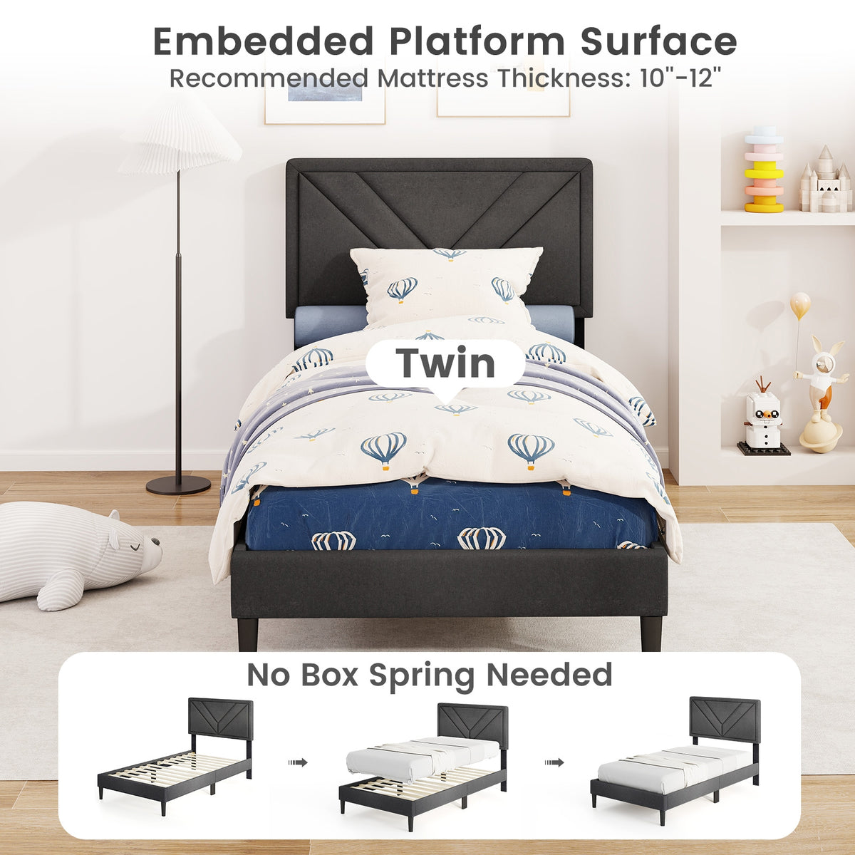 Upholstered Platform Bed With Tufted Headboard, Wooden Slats, Twin Size, Gray Simple Bed Frame at Gallery Canada