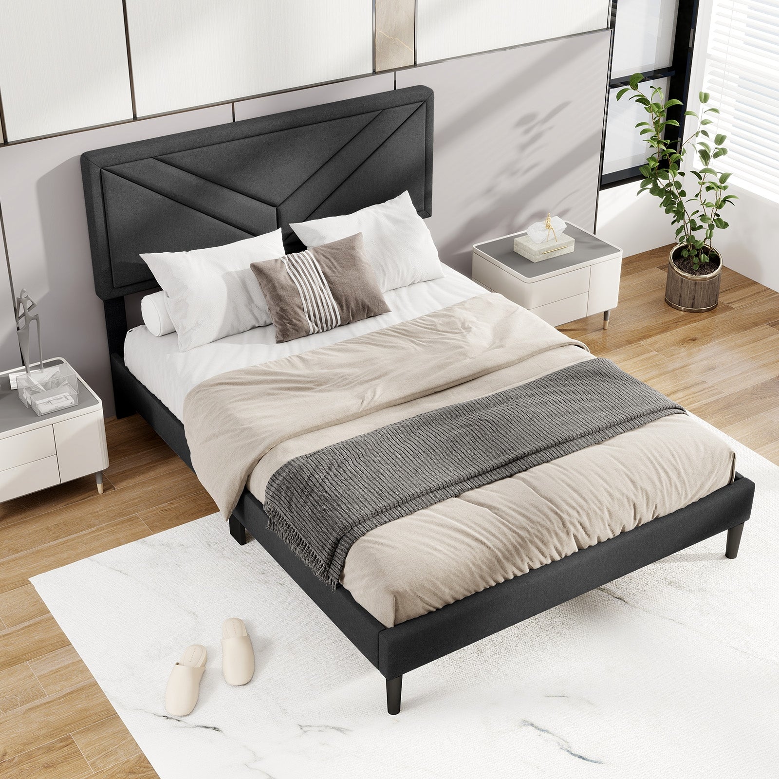 Upholstered Platform Bed With Tufted Headboard, Full Size, Gray Simple Bed Frame at Gallery Canada
