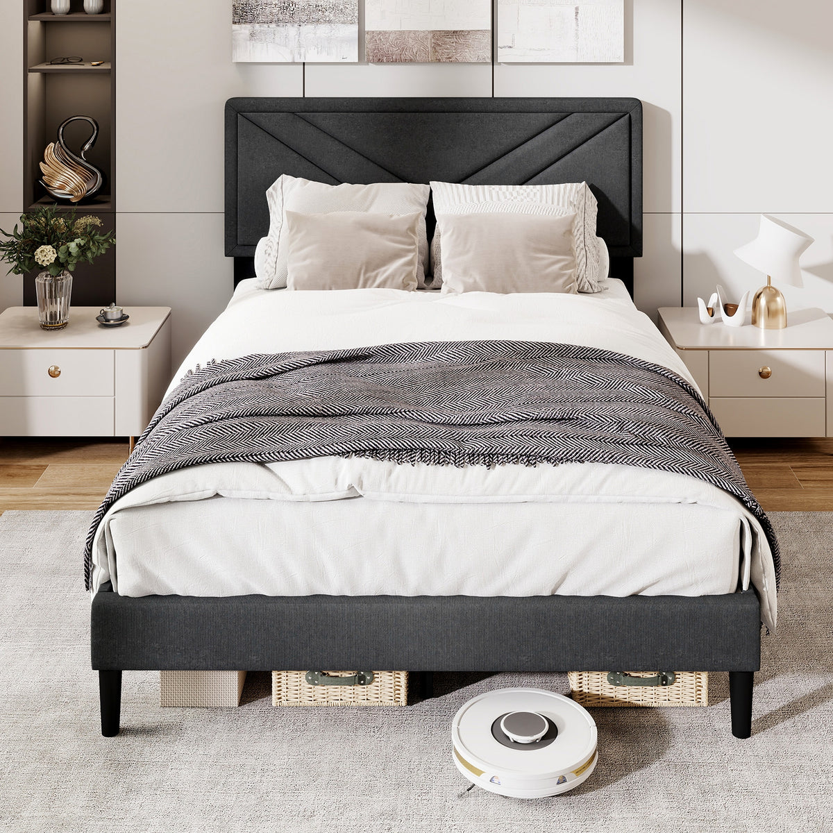 Upholstered Platform Bed With Tufted Headboard, Full Size, Gray Simple Bed Frame at Gallery Canada