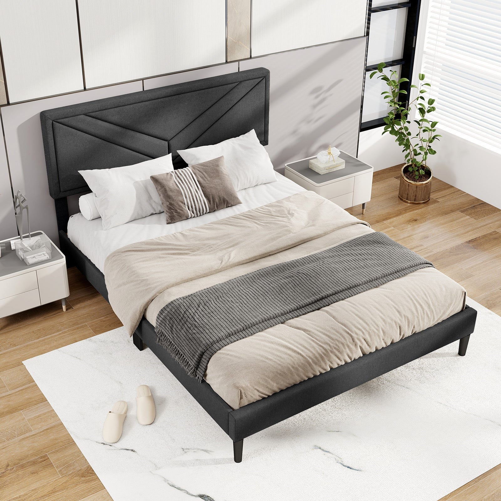 Upholstered Platform Bed with Tufted Headboard and Wooden Slats-Queen Size, Gray Simple Bed Frame at Gallery Canada