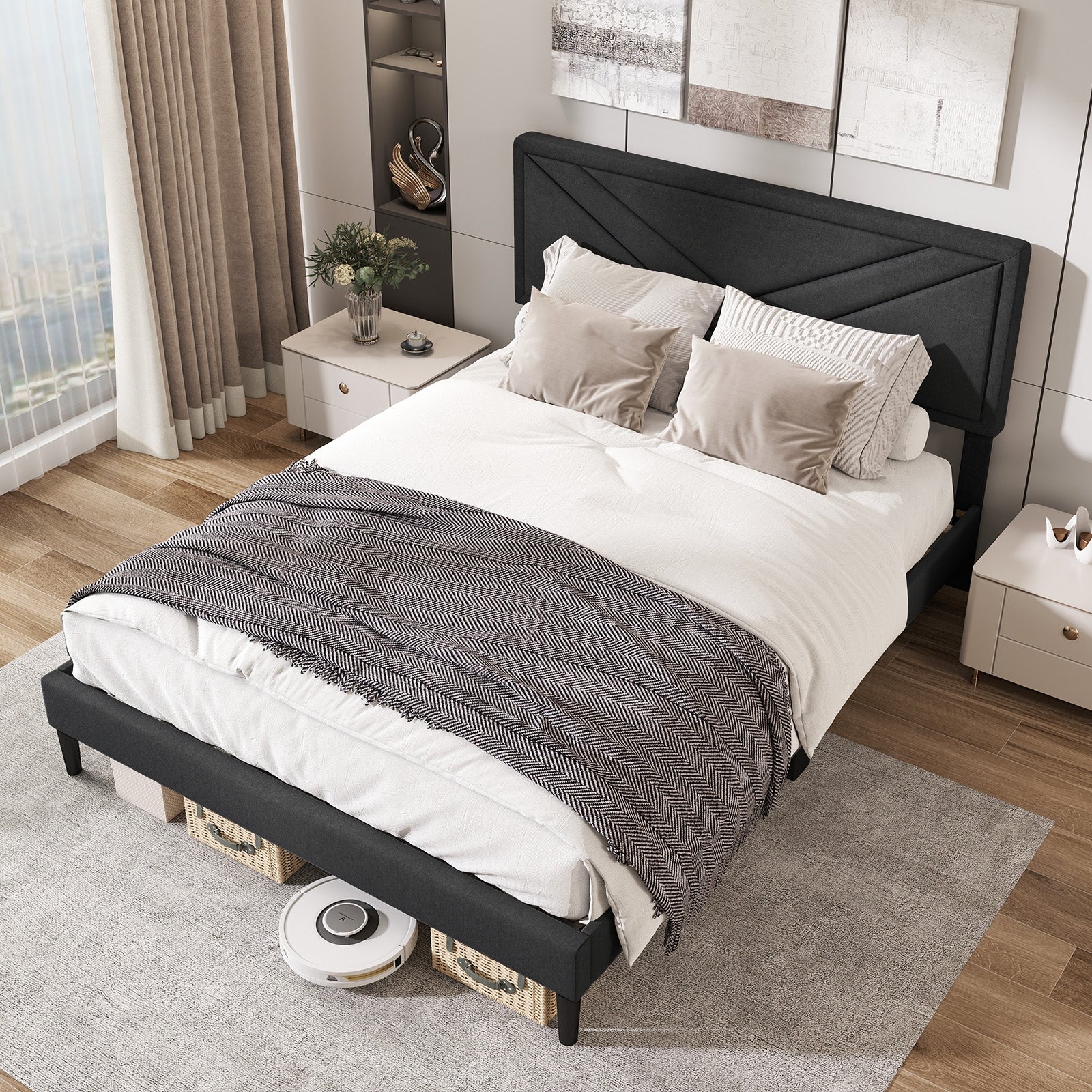 Upholstered Platform Bed with Tufted Headboard and Wooden Slats-Queen Size, Gray Simple Bed Frame at Gallery Canada