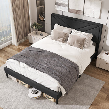 Upholstered Platform Bed with Tufted Headboard and Wooden Slats-Queen Size, Gray Simple Bed Frame at Gallery Canada