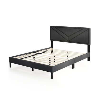 Upholstered Platform Bed with Tufted Headboard and Wooden Slats-Queen Size, Gray Simple Bed Frame Gray at Gallery Canada