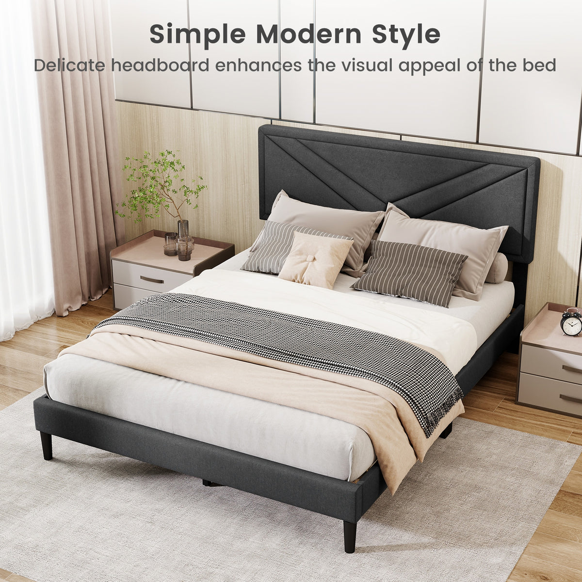Upholstered Platform Bed with Tufted Headboard and Wooden Slats-Queen Size, Gray Simple Bed Frame at Gallery Canada