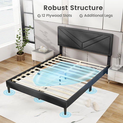 Upholstered Platform Bed with Tufted Headboard and Wooden Slats-Queen Size, Gray Simple Bed Frame at Gallery Canada