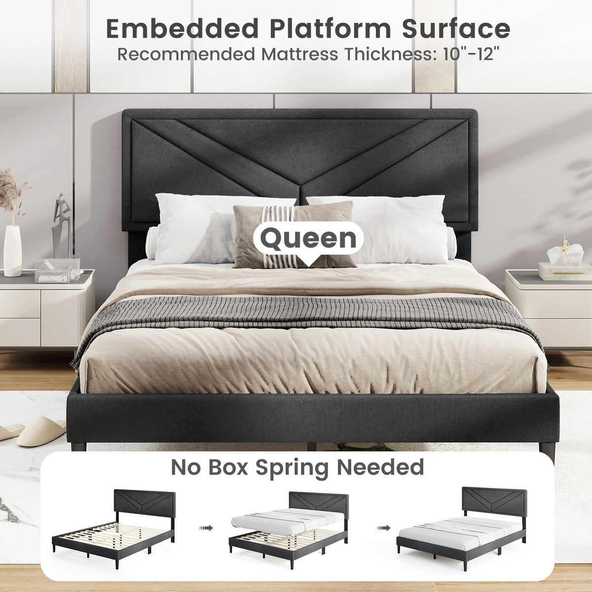 Upholstered Platform Bed with Tufted Headboard and Wooden Slats-Queen Size, Gray Simple Bed Frame at Gallery Canada