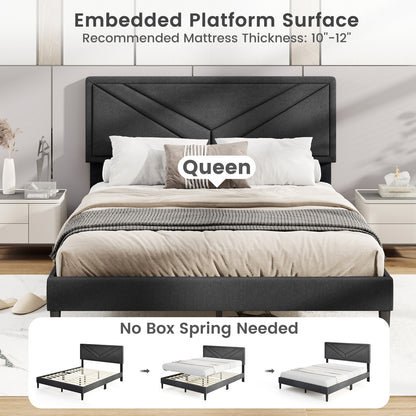 Upholstered Platform Bed with Tufted Headboard and Wooden Slats-Queen Size, Gray Simple Bed Frame at Gallery Canada
