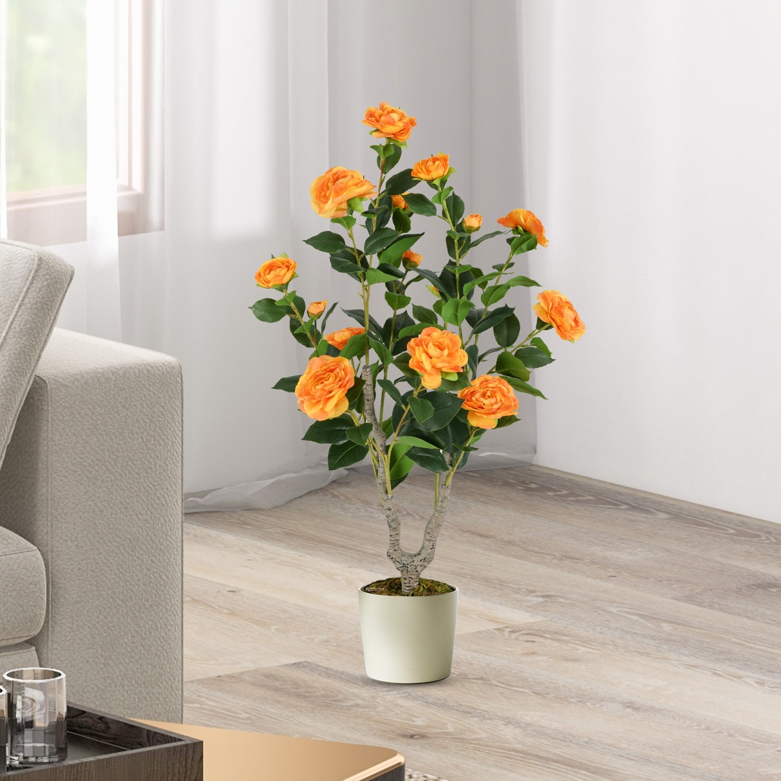 36 Inch Artificial Camellia Tree, Blooming Flower, Orange Faux Plants at Gallery Canada