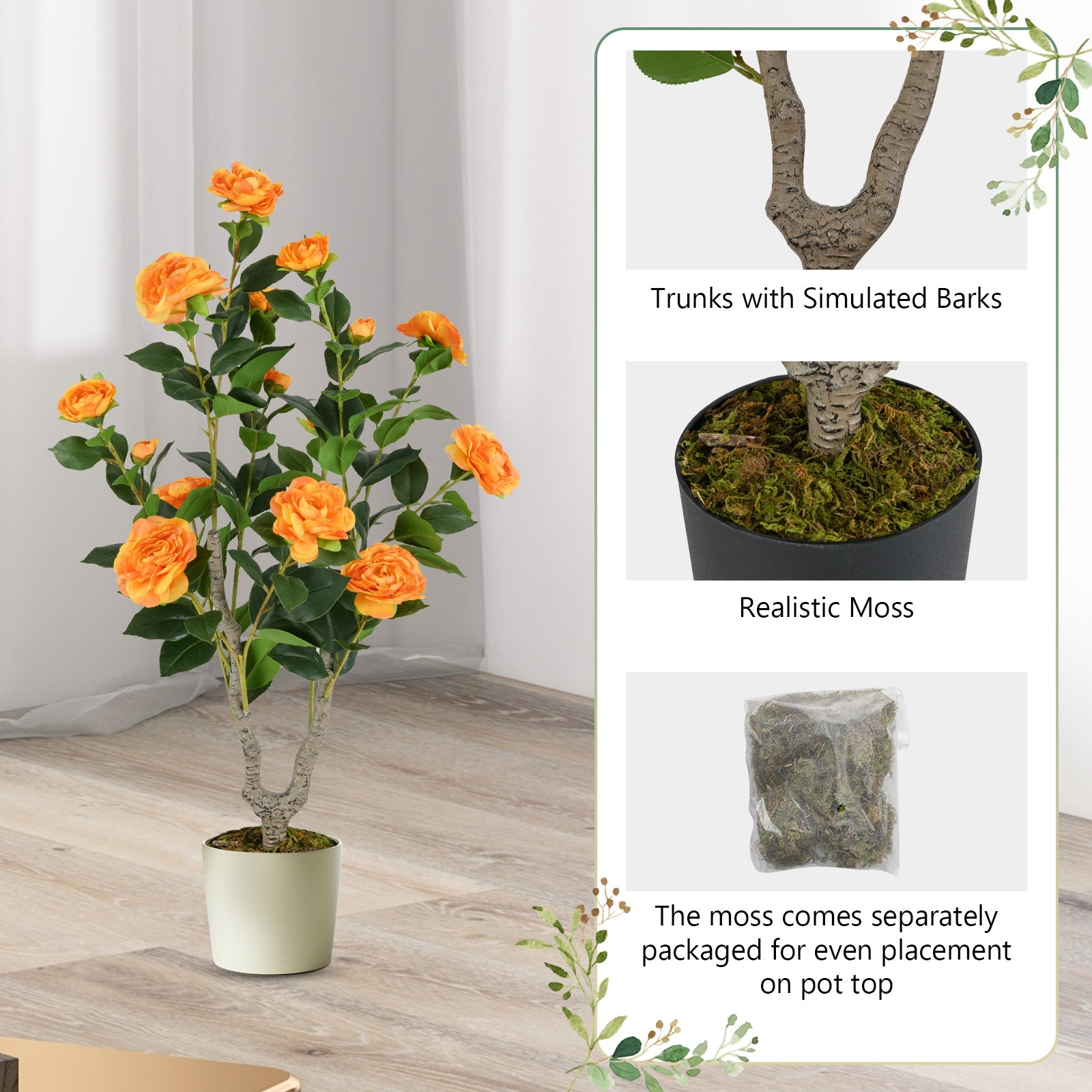 36 Inch Artificial Camellia Tree, Blooming Flower, Orange Faux Plants at Gallery Canada