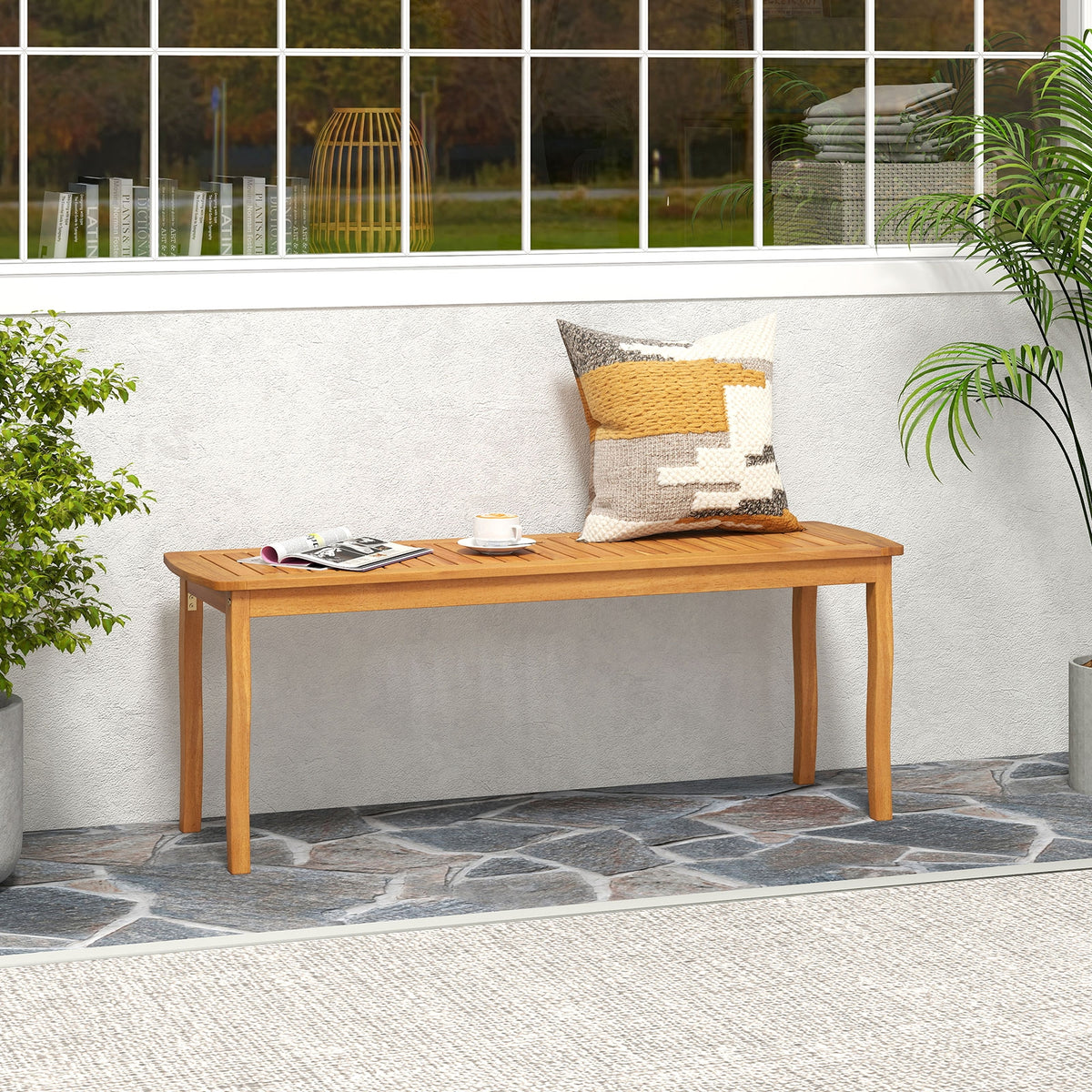 Acacia Wood Outdoor 48" Long Patio Dining Bench, Natural Outdoor Benches at Gallery Canada