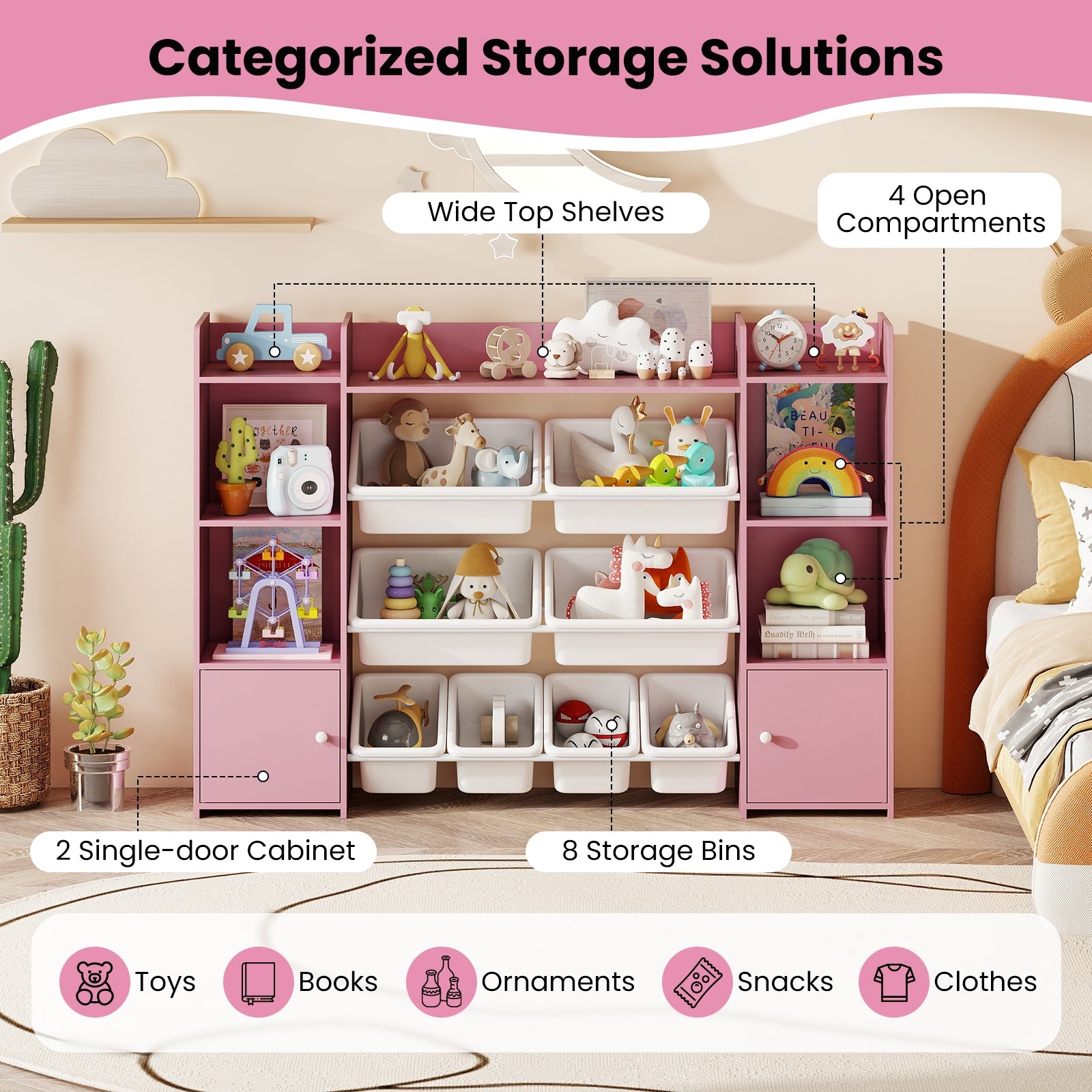 56 Inch Large Toy Storage Organizer, 8 Removable Bins, Pink Kids Storage at Gallery Canada