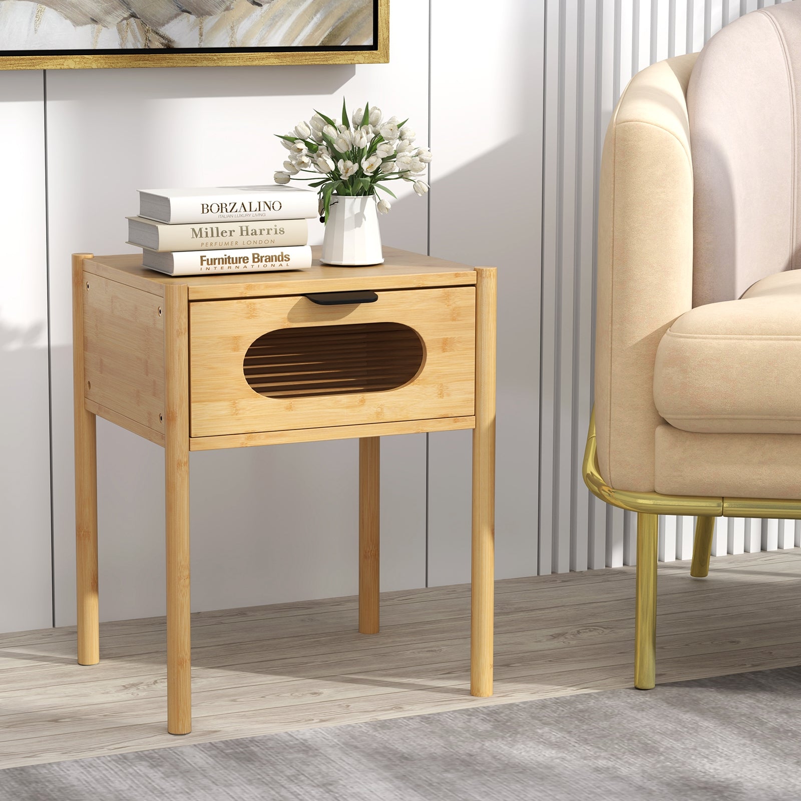 Bamboo Nightstand, Square Tall End Table, Decorated Drawer, Natural Nightstands at Gallery Canada
