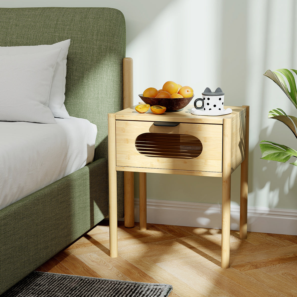Bamboo Nightstand, Square Tall End Table, Decorated Drawer, Natural Nightstands at Gallery Canada